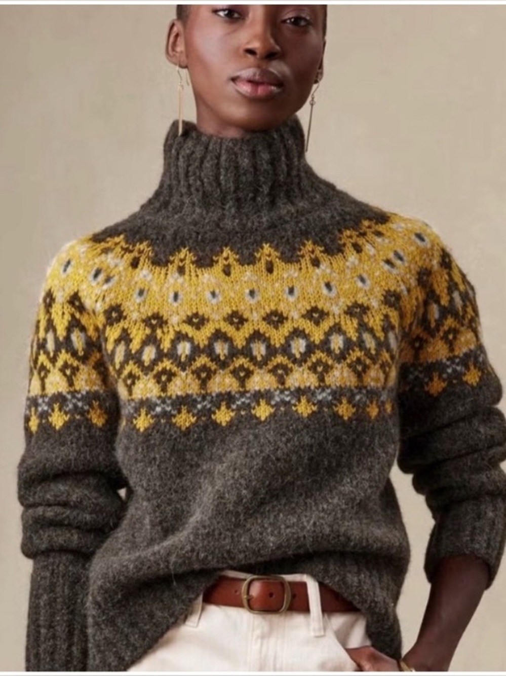 Banana Republic Alpaca Wool Blend Fair Isle Sweater Gray / Yellow Sz L